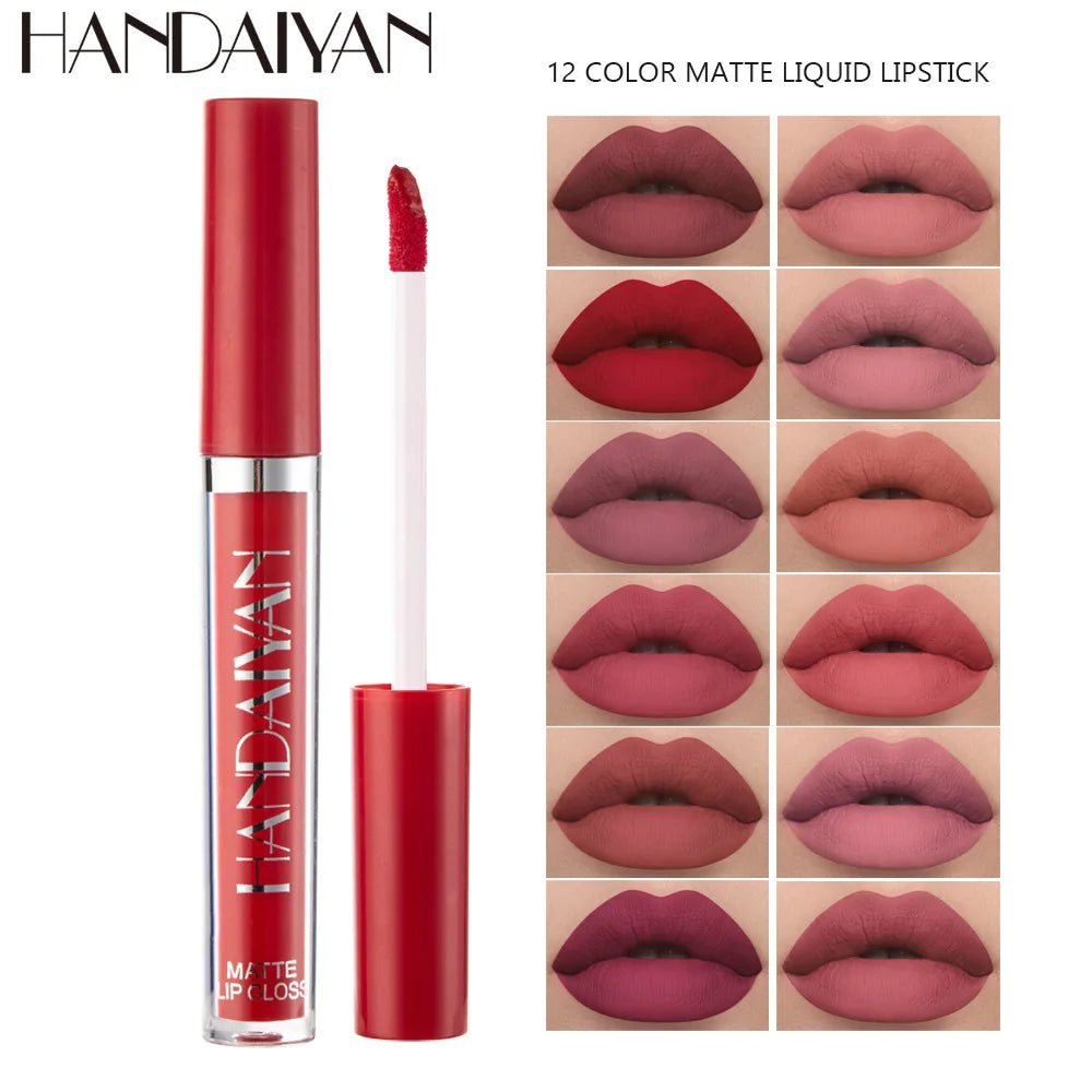 Handaiyan 12 Colors Matt Lip Gloss Longlasting Red Nude Lipstick Liquid matte Waterproof Lipgloss Makeup